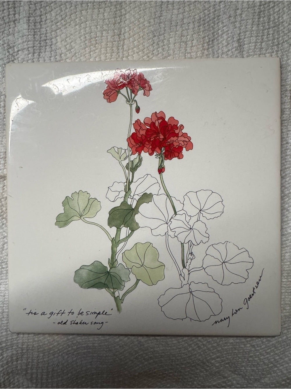 Mary Lou Goertzen Signed Ceramic Tile 6x6", Geranium Botanical Art
